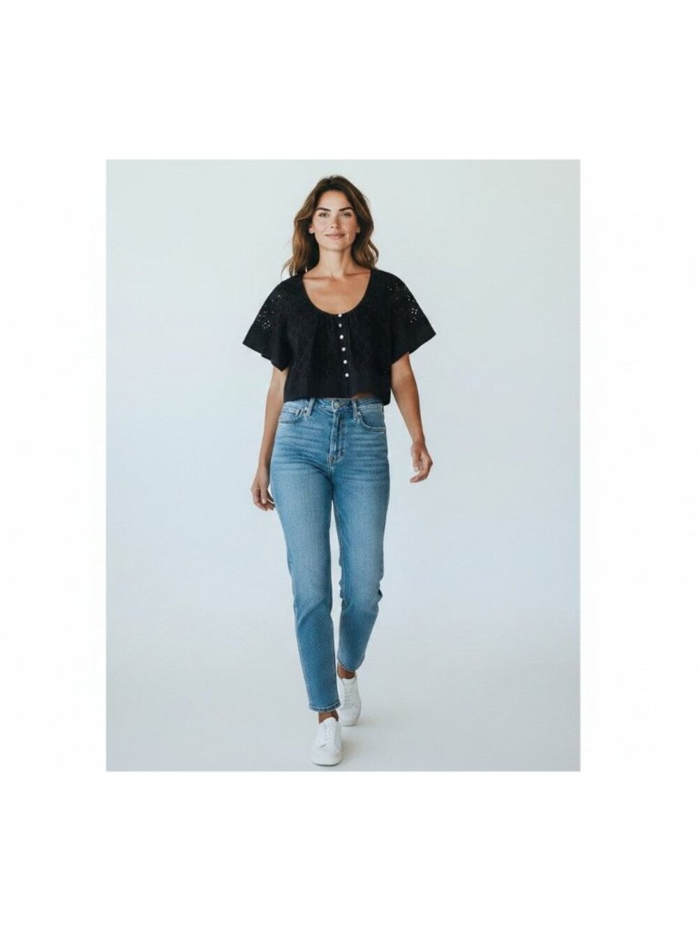 Habitual Womens Black Eyelet Button-Front Cropped Top Cotton Floral M Cotton